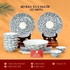 Bộ Bàn Ăn 6 Người (12 món) Men Trắng Vẽ Cá Đàn