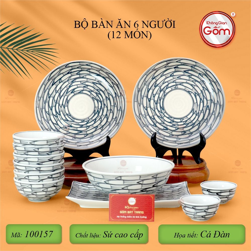 Bộ Bàn Ăn 6 Người (12 món) Men Trắng Vẽ Cá Đàn