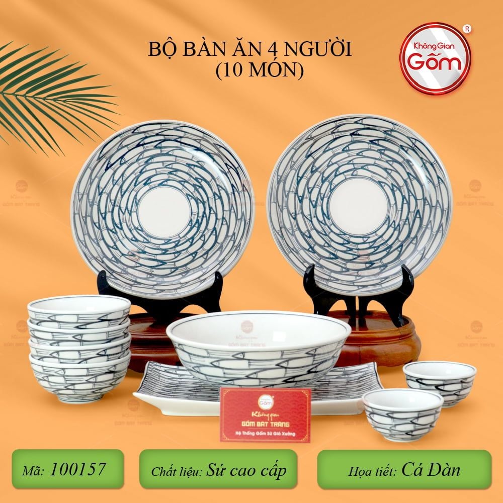 Bộ Bàn Ăn 4 Người (10 món) Men Trắng Vẽ Cá Đàn