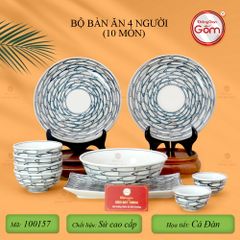 Bộ Bàn Ăn 4 Người (10 món) Men Trắng Vẽ Cá Đàn