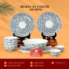 Bộ Bàn Ăn 4 Người (10 món) Men Trắng Vẽ Cá Đàn