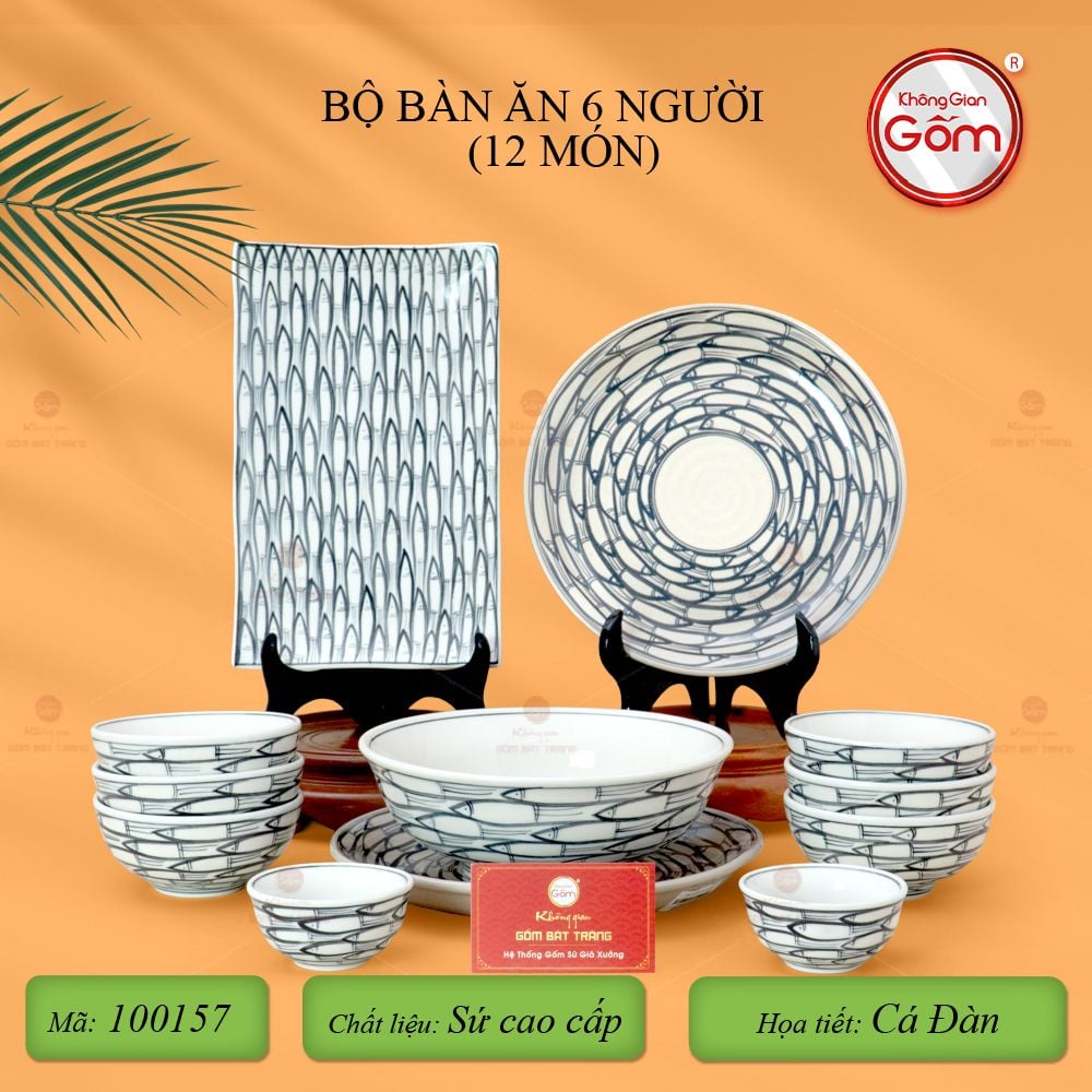 Bộ Bàn Ăn 6 Người (12 món) Men Trắng Vẽ Cá Đàn