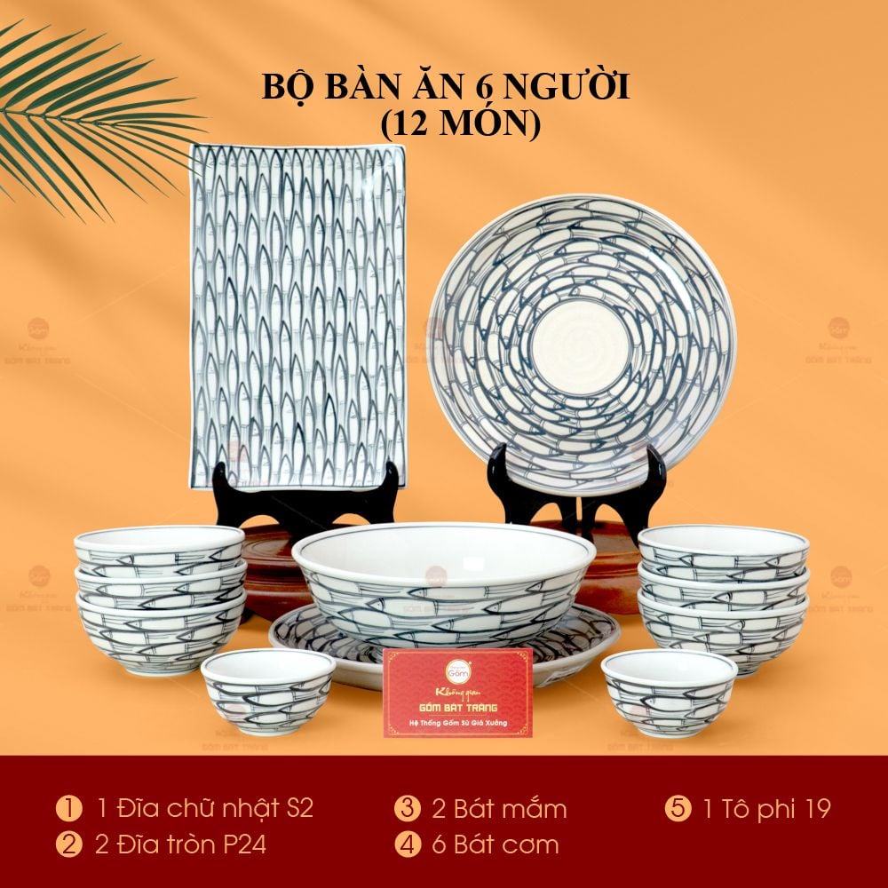 Bộ Bàn Ăn 6 Người (12 món) Men Trắng Vẽ Cá Đàn