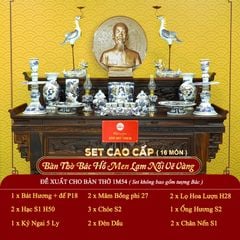 [Set Cao Cấp] Bộ Đồ Thờ Bác Hồ Men Lam Nổi Vẽ Vàng (16 món)