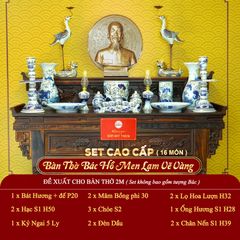 [Set Cao Cấp] Bộ Đồ Thờ Bác Hồ Men Lam Vẽ Vàng (16 món)