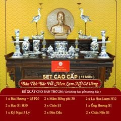 [Set Cao Cấp] Bộ Đồ Thờ Bác Hồ Men Lam Nổi Vẽ Vàng (16 món)