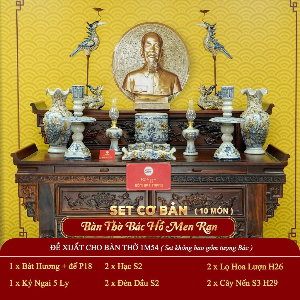 [Set Cơ Bản] Bộ Đồ Thờ Bác Hồ Men Rạn (10 món)