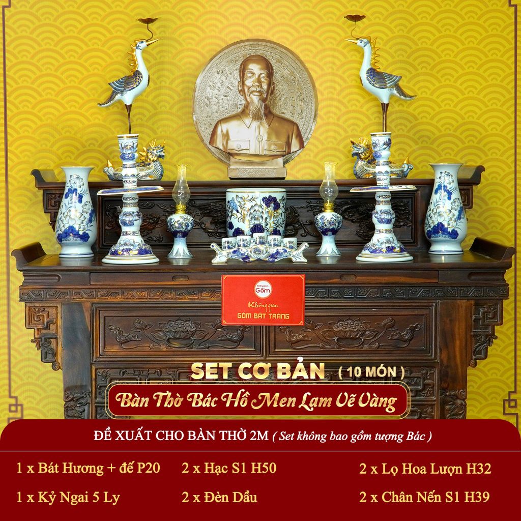 [Set Cơ Bản] Bộ Đồ Thờ Bác Hồ Men Lam Vẽ Vàng (10 món)