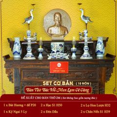 [Set Cơ Bản] Bộ Đồ Thờ Bác Hồ Men Lam Vẽ Vàng (10 món)