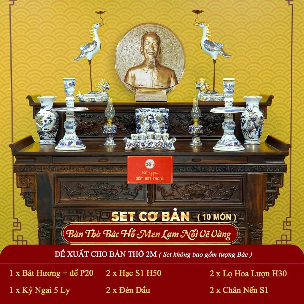 [Set Cơ Bản] Bộ Đồ Thờ Bác Hồ Men Lam Nổi Vẽ Vàng (10 món)