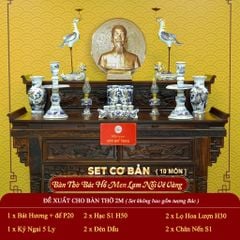 [Set Cơ Bản] Bộ Đồ Thờ Bác Hồ Men Lam Nổi Vẽ Vàng (10 món)