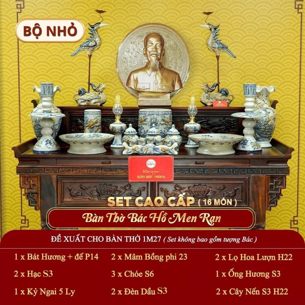 [Set Cao Cấp] Bộ Đồ Thờ Bác Hồ Men Rạn (16 món)