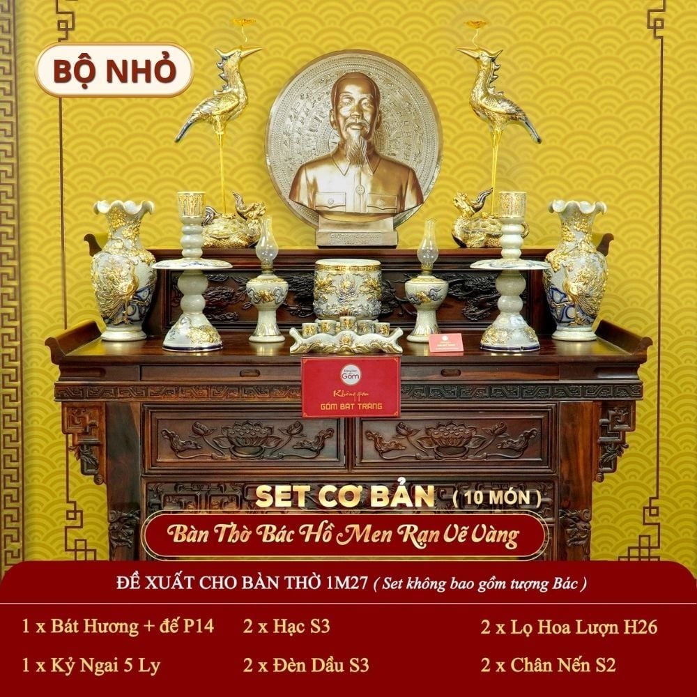 [Set Cơ Bản] Bộ Đồ Thờ Bác Hồ Men Rạn Vẽ Vàng (10 món)