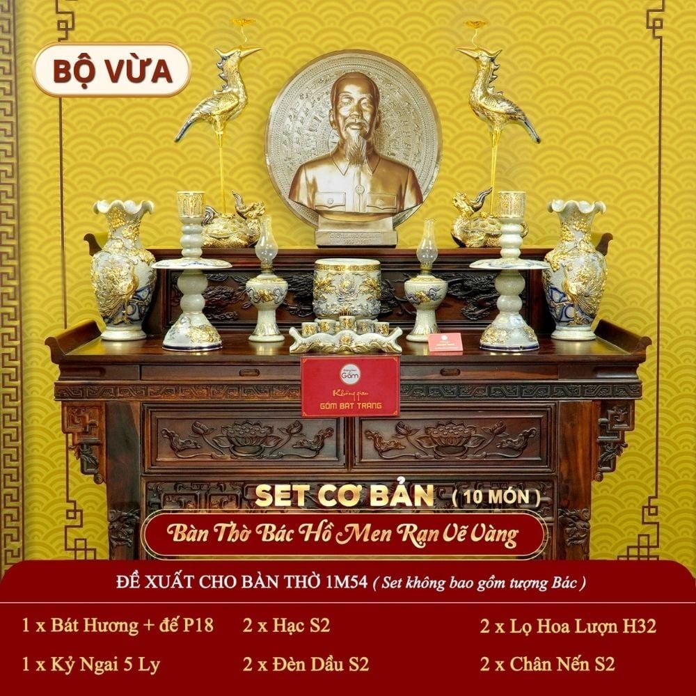 [Set Cơ Bản] Bộ Đồ Thờ Bác Hồ Men Rạn Vẽ Vàng (10 món)