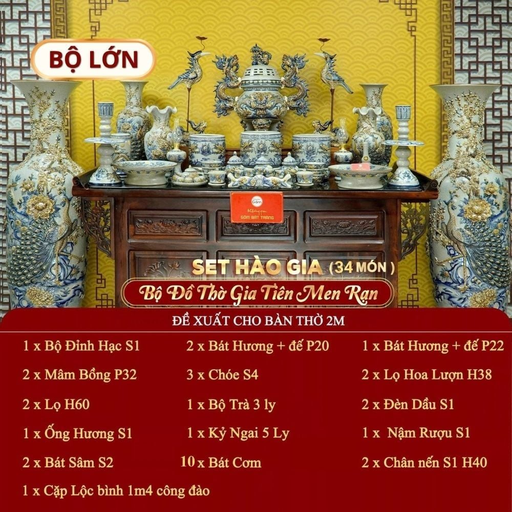 [Set Hào Gia] Bộ Đồ Thờ Gia Tiên Men Rạn (34 món)