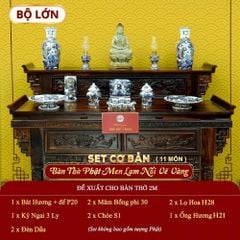 [Set Cơ Bản] Bộ Đồ Thờ Phật Men Lam Nổi Vẽ Vàng (11 món)