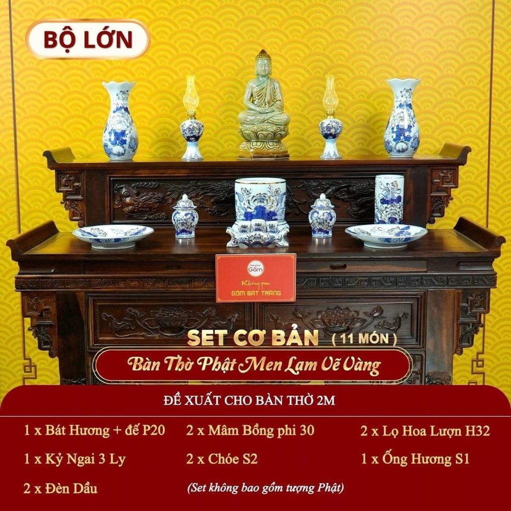 [Set Cơ Bản] Bộ Đồ Thờ Phật Men Lam Vẽ Vàng (11 món)