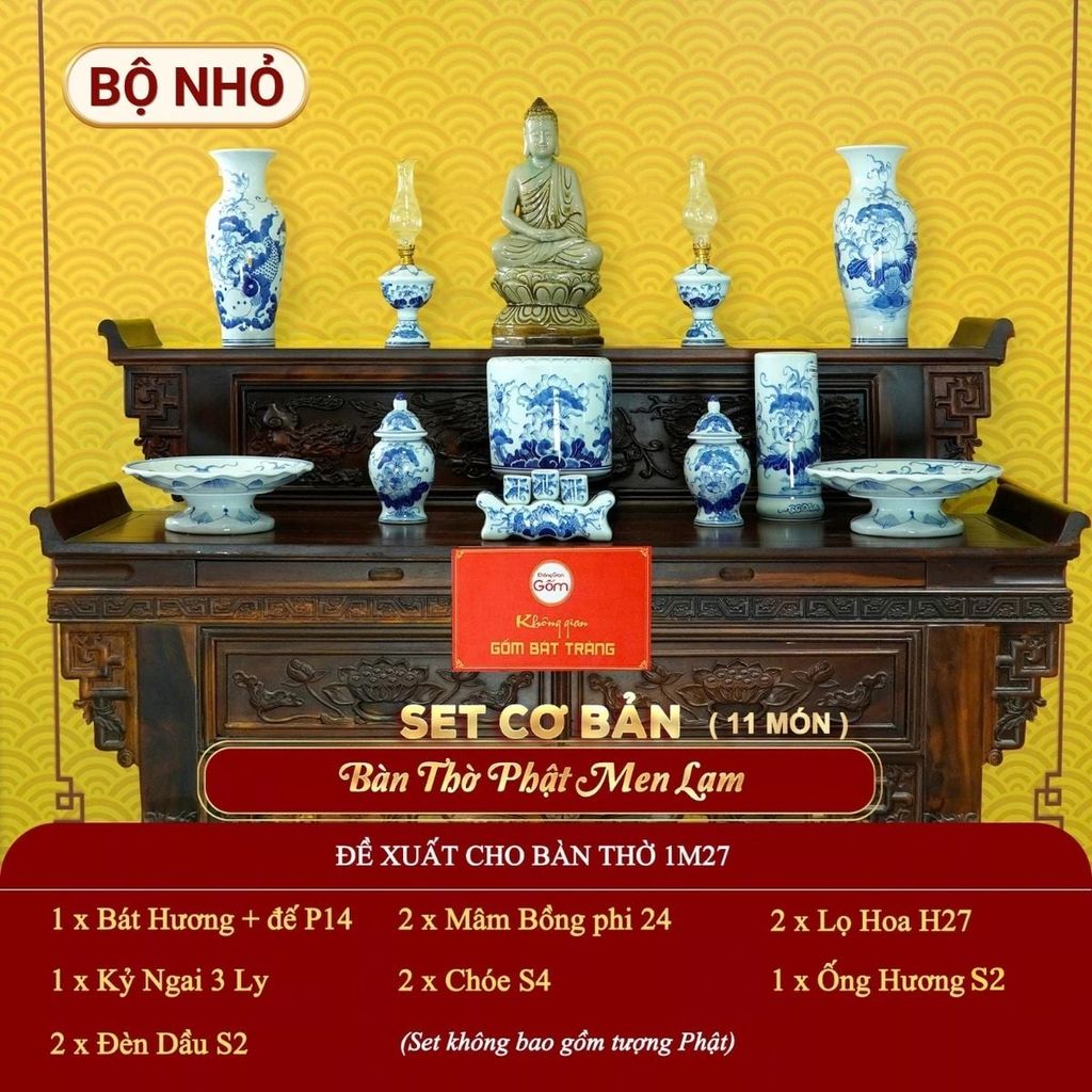 [Set Cơ Bản] Bộ Đồ Thờ Phật Men Lam (11 món)