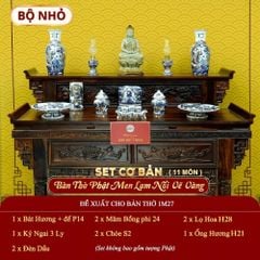 [Set Cơ Bản] Bộ Đồ Thờ Phật Men Lam Nổi Vẽ Vàng (11 món)