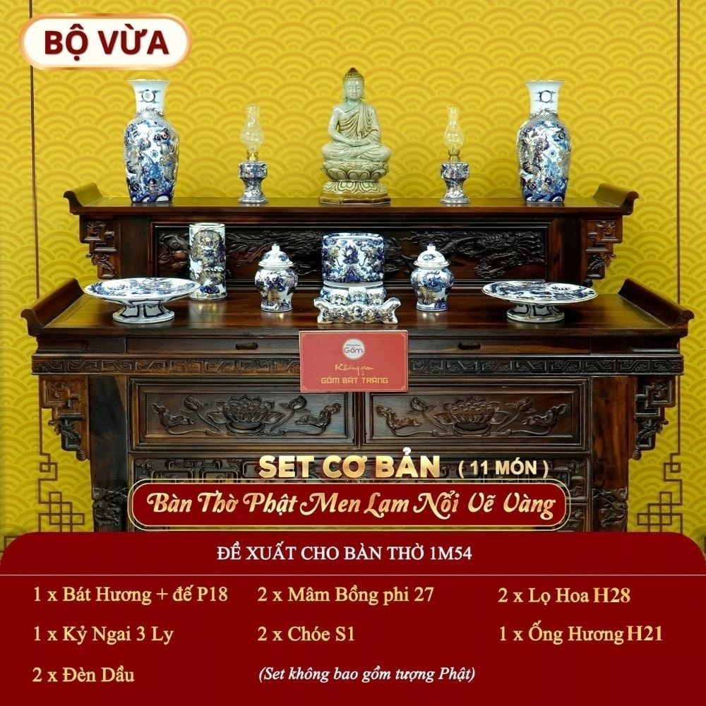 [Set Cơ Bản] Bộ Đồ Thờ Phật Men Lam Nổi Vẽ Vàng (11 món)