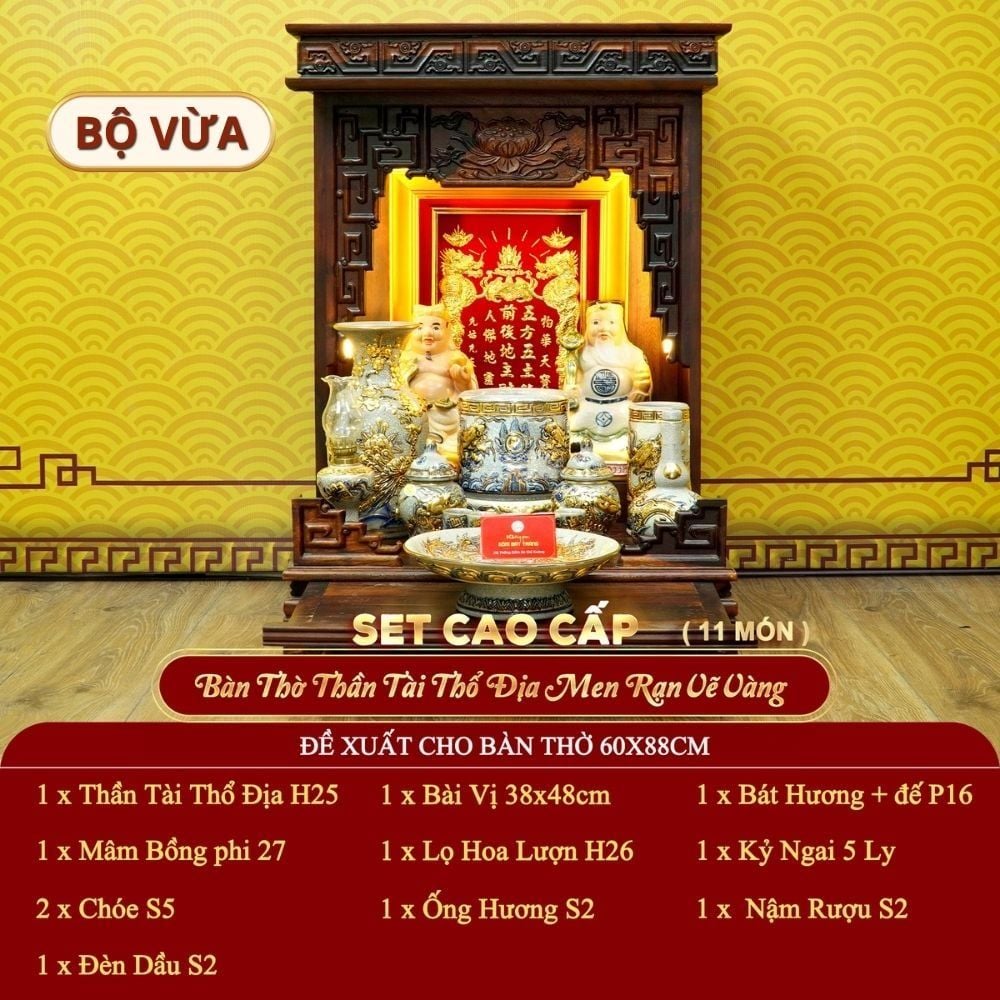 [Set Cao Cấp] Bộ Đồ Thờ Thần Tài Thổ Địa Men Rạn Vẽ Vàng (11 món)