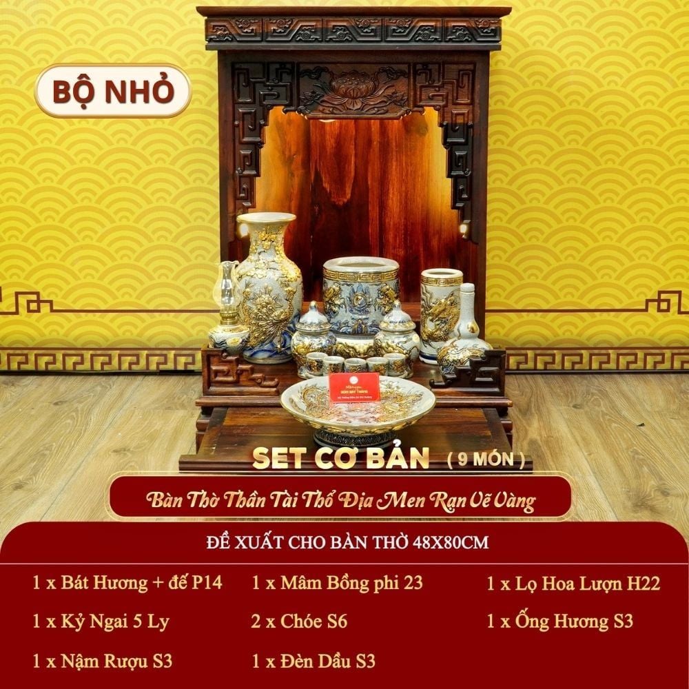 [Set Cơ Bản] Bộ Đồ Thờ Thần Tài Thổ Địa Men Rạn Vẽ Vàng (9 món)