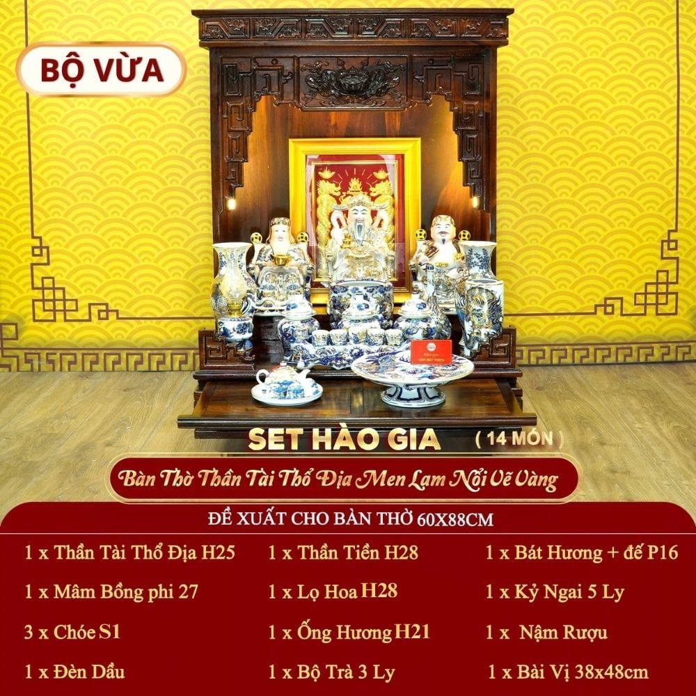 [Set Hào Gia] Bộ Đồ Thờ Thần Tài Thổ Địa Men Lam Nổi Vẽ Vàng (14 món)