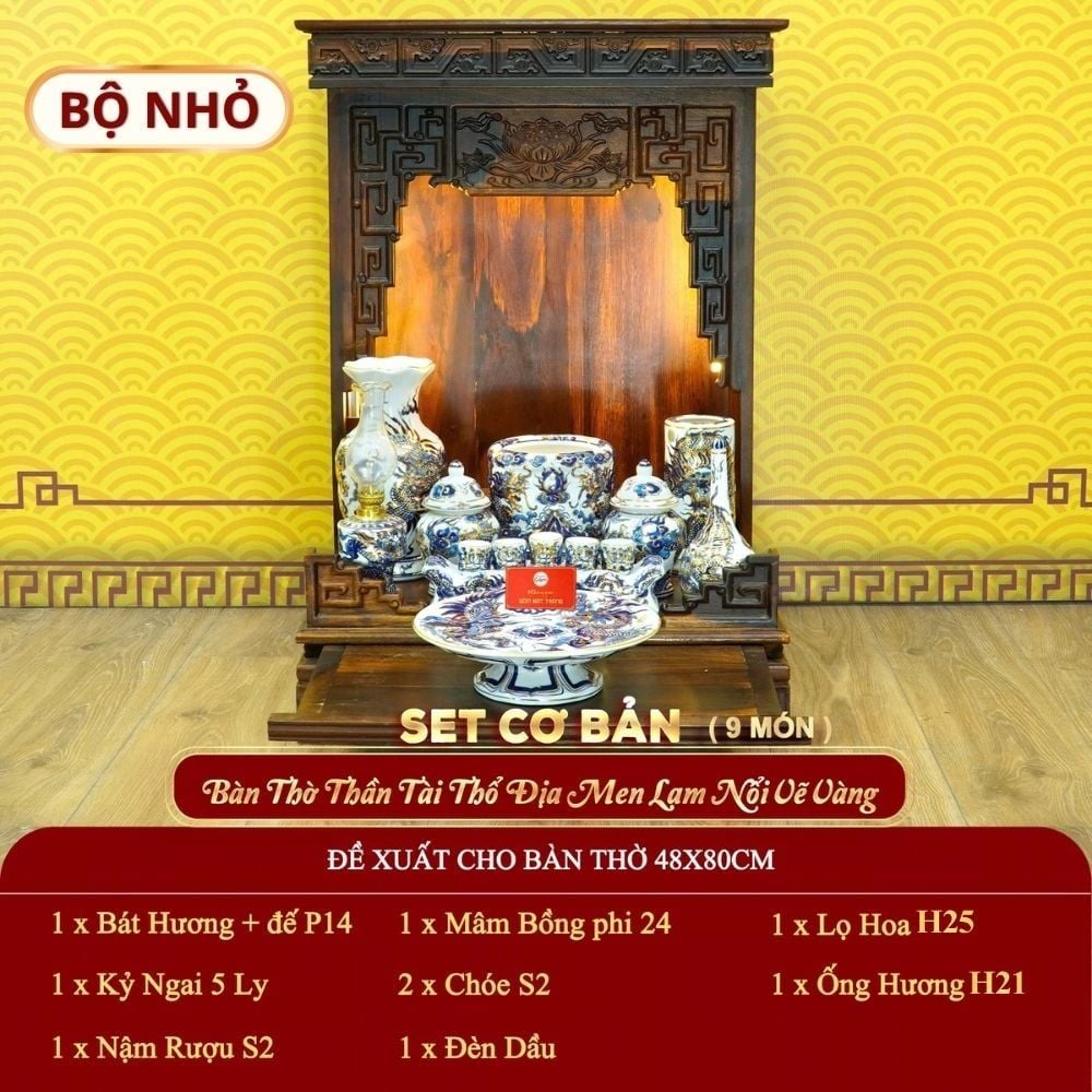 [Set Cơ Bản] Bộ Đồ Thờ Thần Tài Thổ Địa Men Lam Nổi Vẽ Vàng (9 món)