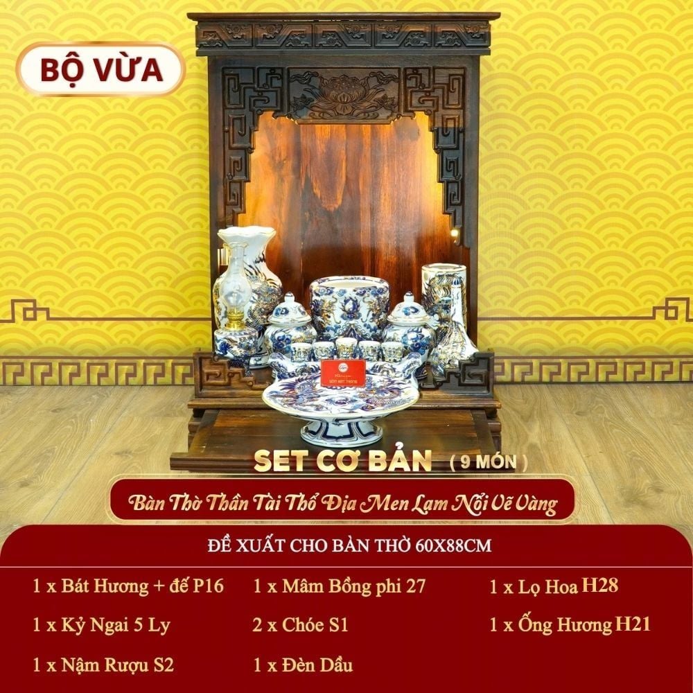 [Set Cơ Bản] Bộ Đồ Thờ Thần Tài Thổ Địa Men Lam Nổi Vẽ Vàng (9 món)