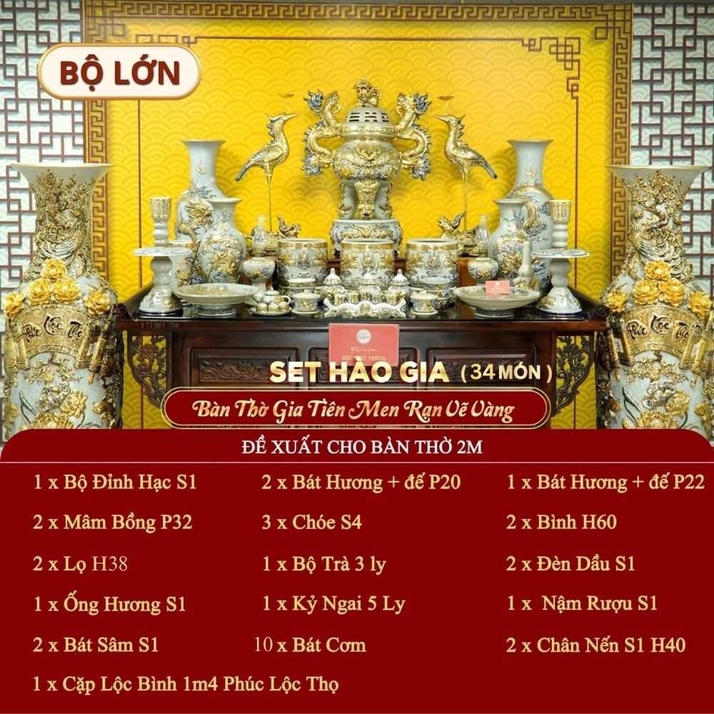[Set Hào Gia] Bộ Đồ Thờ Gia Tiên Men Rạn Vẽ Vàng (34 món)