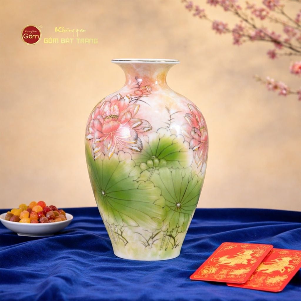 Bảo Bình Kim Liên Bảo Cát Nền Cẩm Hoàng Thạch Vẽ Vàng