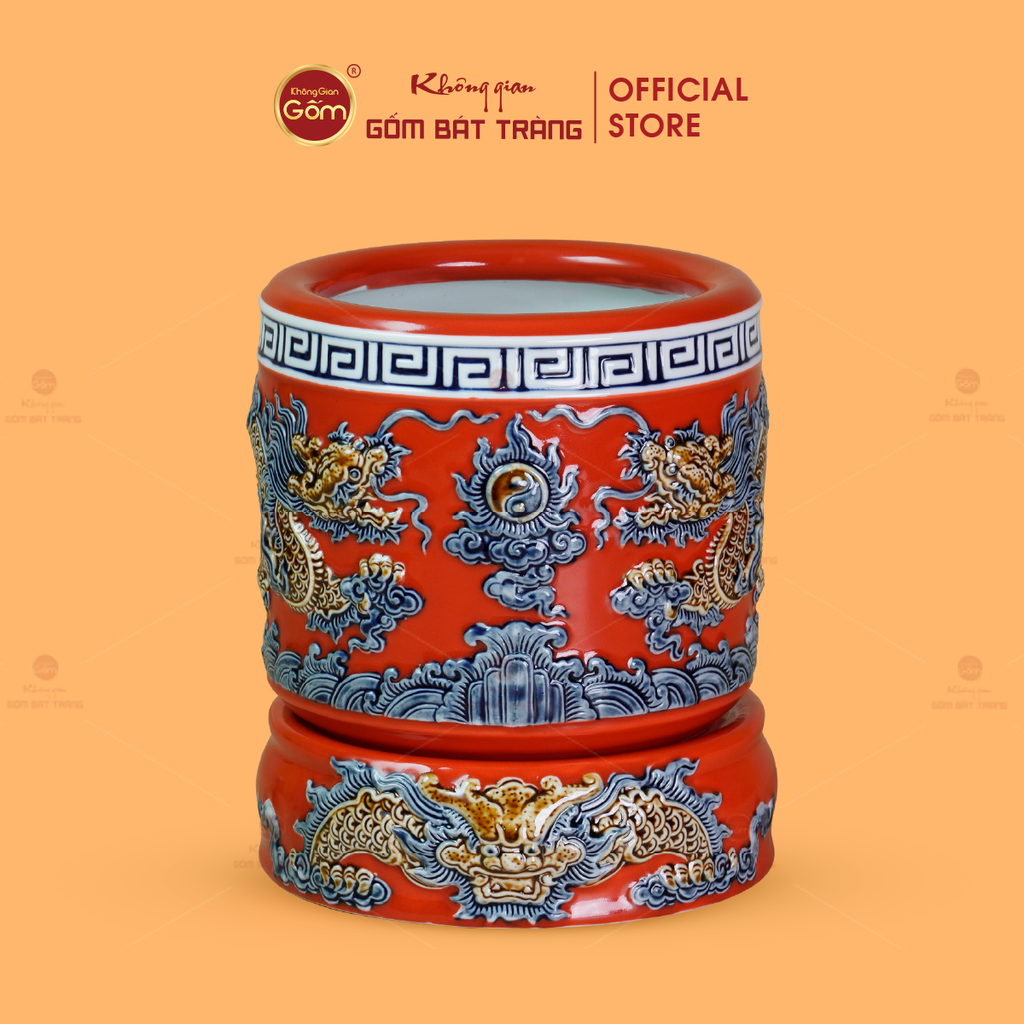 Bát Hương Men Đỏ Họa Tiết Song Long Chầu Nguyệt