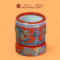 Bát Hương Men Đỏ Họa Tiết Song Long Chầu Nguyệt