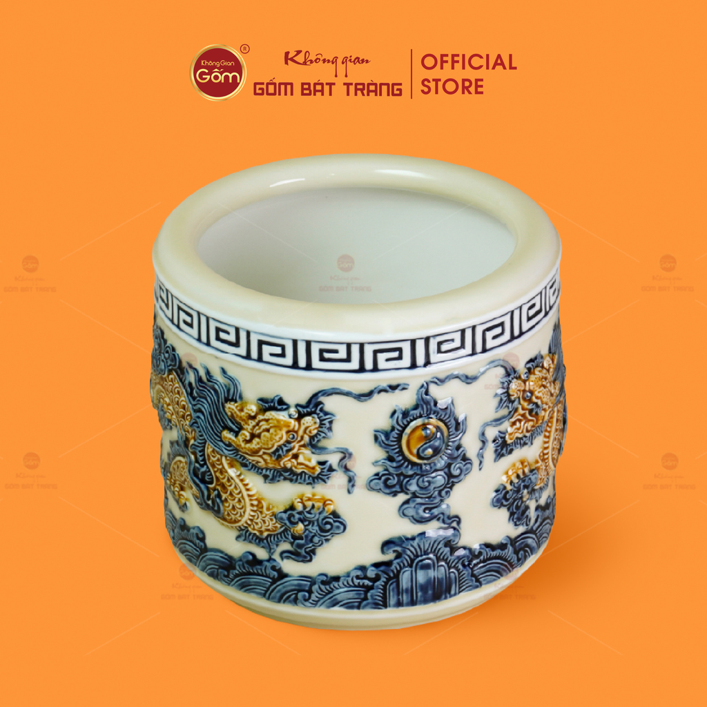 Bát Hương Men Hoàng Thổ Họa Tiết Song Long Chầu Nguyệt