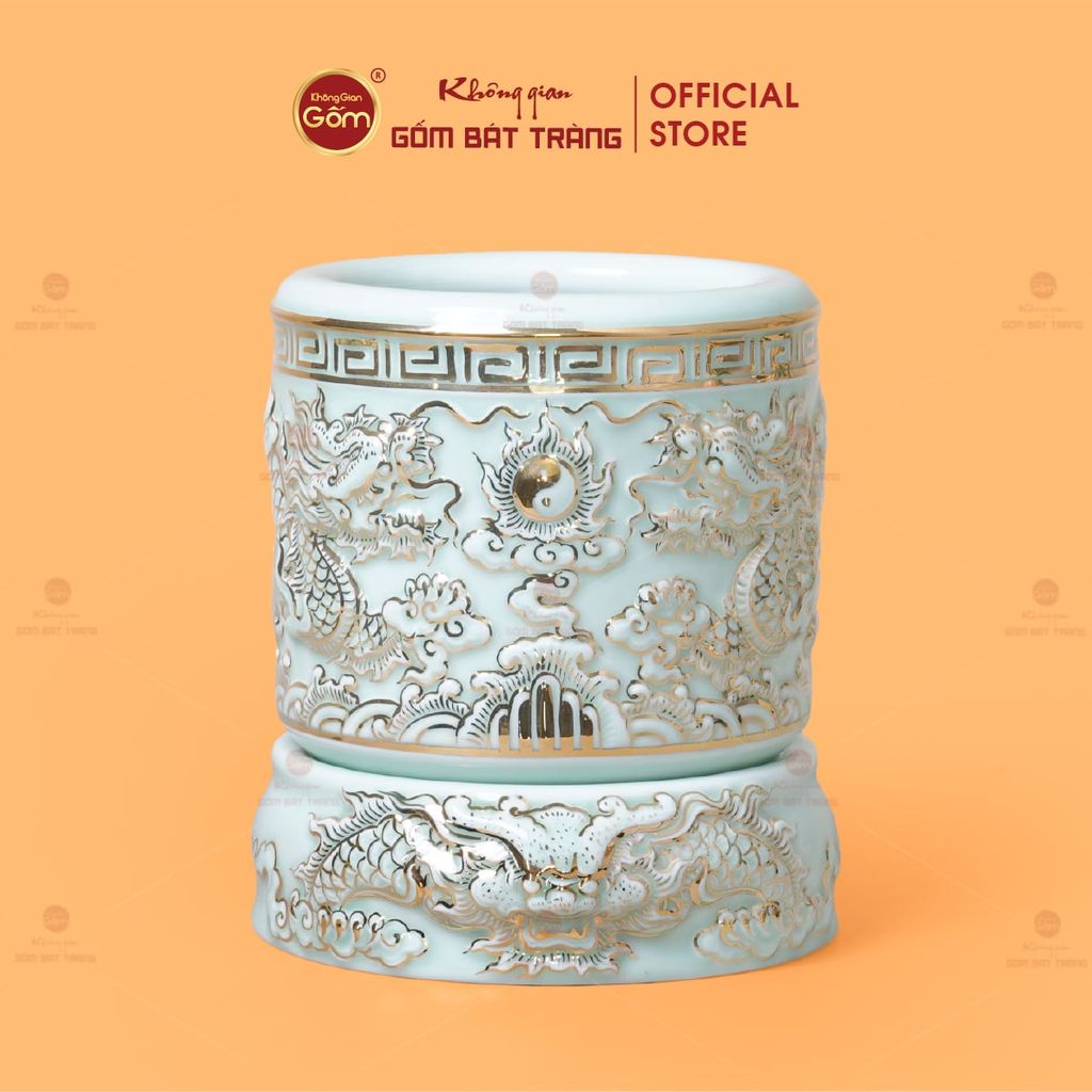 Bát Hương Men Ngọc Hoàng Tộc Vẽ Vàng Song Long Chầu Nguyệt