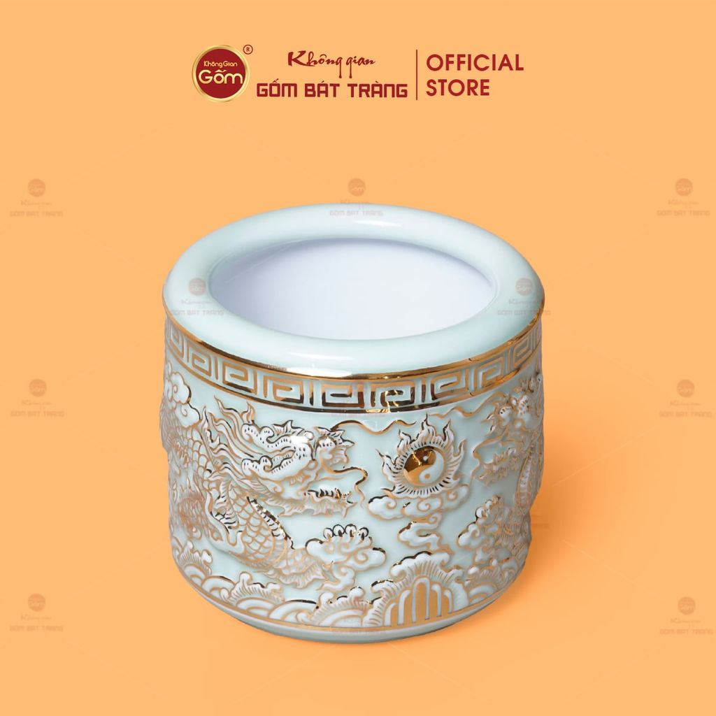 Bát Hương Men Ngọc Hoàng Tộc Vẽ Vàng Song Long Chầu Nguyệt