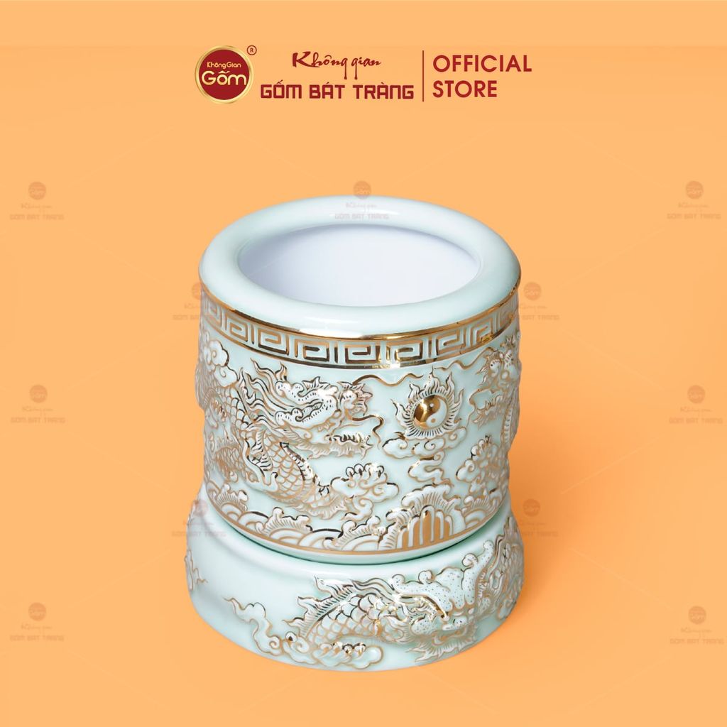 Bát Hương Men Ngọc Hoàng Tộc Vẽ Vàng Song Long Chầu Nguyệt