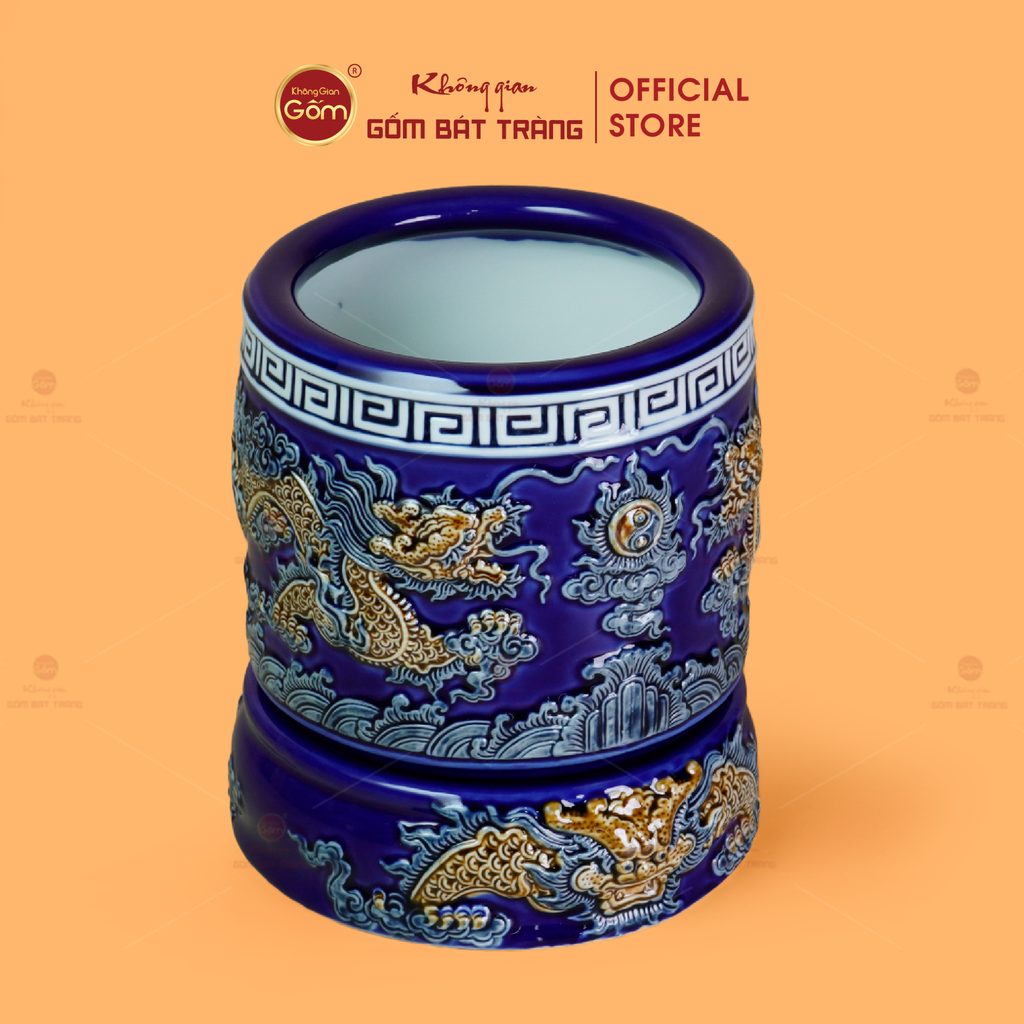 Bát Hương Men Xanh Coban Họa Tiết Song Long Chầu Nguyệt