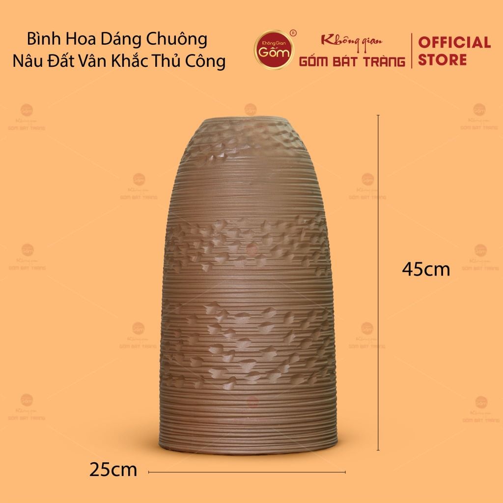 Bình Hoa Dáng Chuông Nâu Đất Vân Khắc Thủ Công