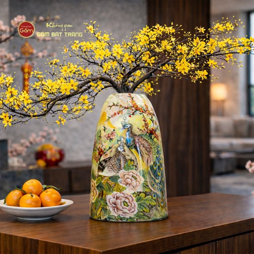 Bình Hoa Dáng Chuông Họa Tiết Công Đào Hoa Trắng