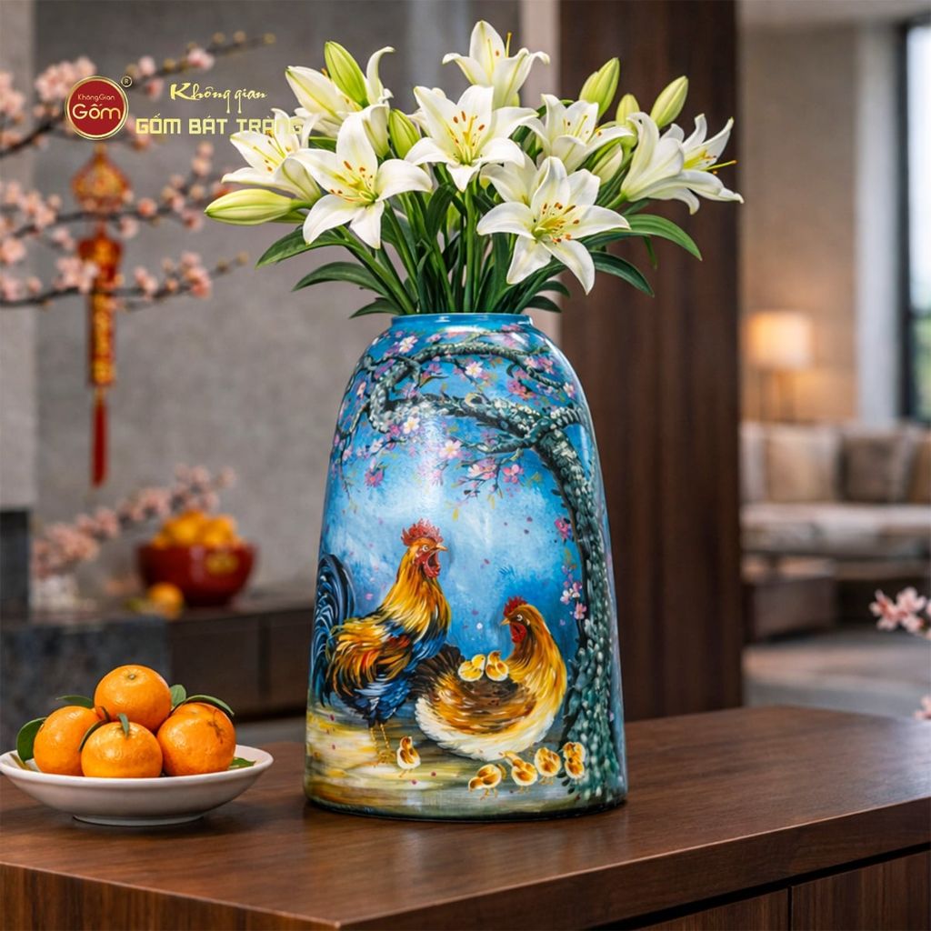Bình Hoa Dáng Chuông Họa Tiết Đàn Gà Mùa Xuân