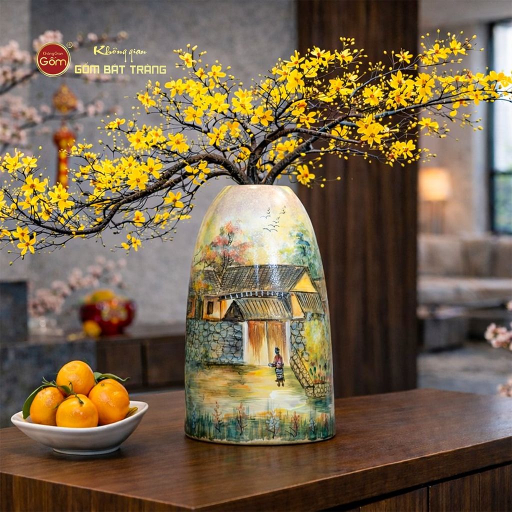 Bình Hoa Dáng Chuông Họa Tiết Ngôi Nhà Xưa