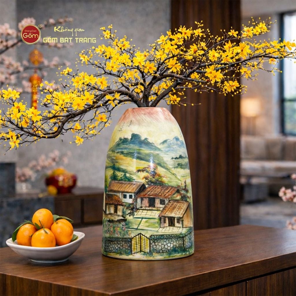Bình Hoa Dáng Chuông Họa Tiết Làng Quê