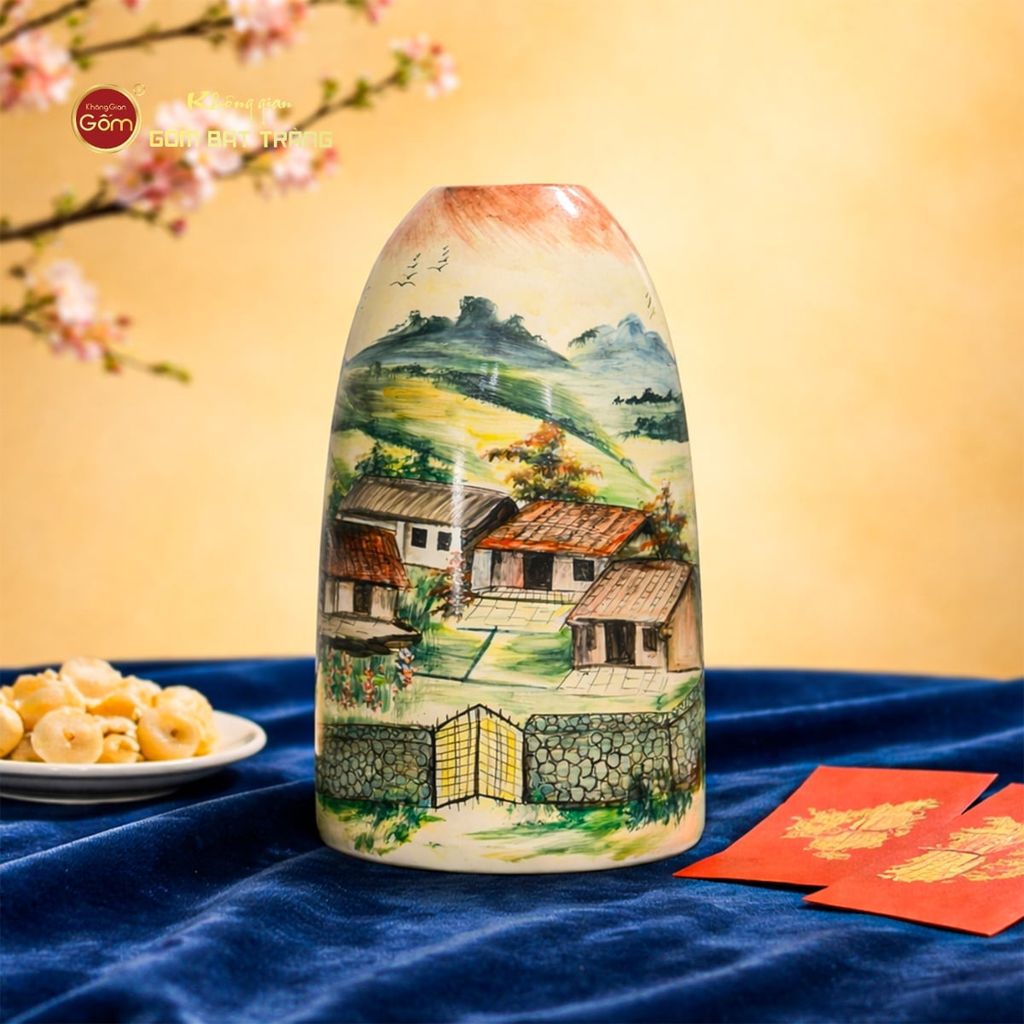 Bình Hoa Dáng Chuông Họa Tiết Làng Quê