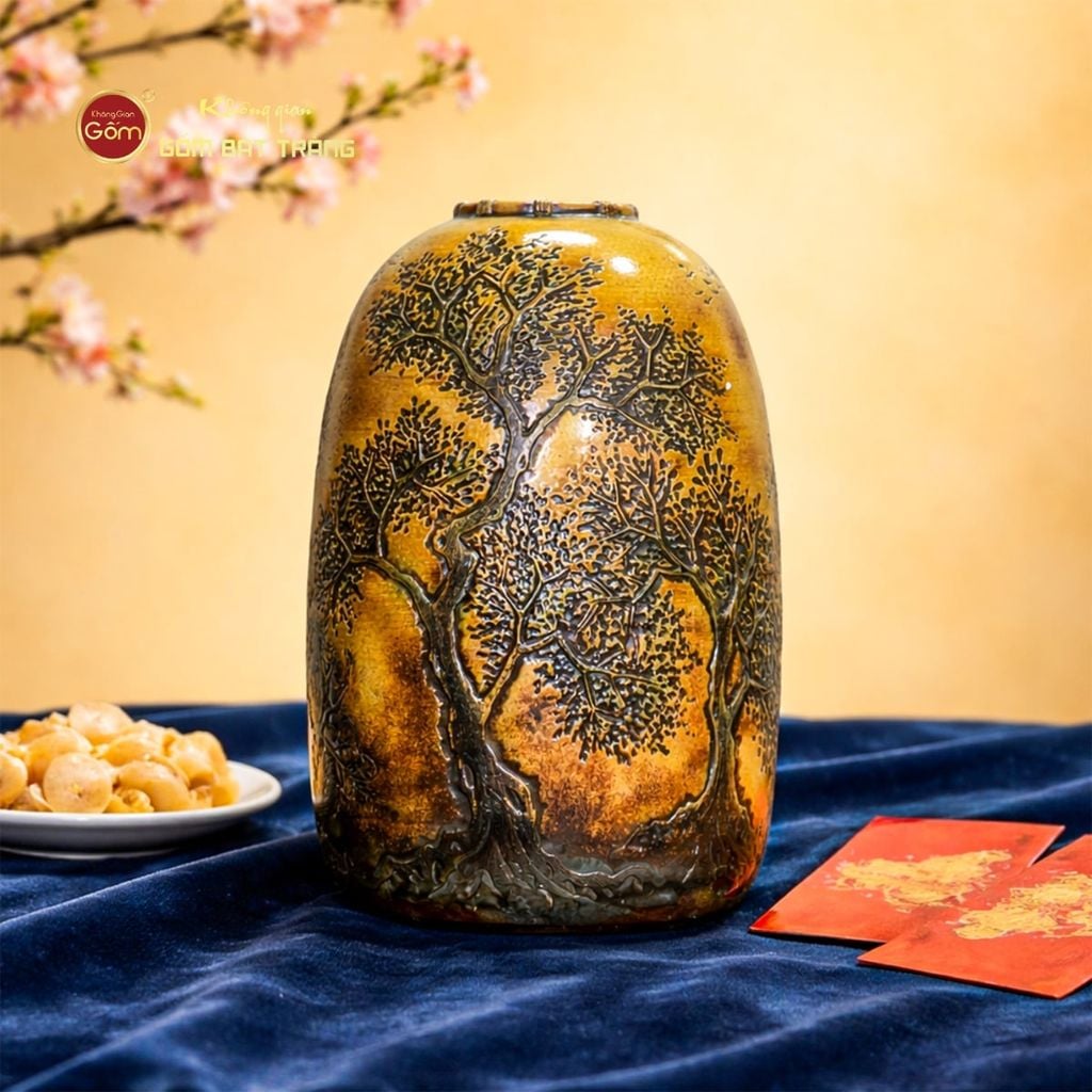 Bình Hoa Dáng Chuông Men Vàng Hổ Phách Đắp Nổi Cây Cổ Thụ