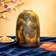 Bình Hoa Dáng Chuông Men Vàng Hổ Phách Đắp Nổi Cây Cổ Thụ