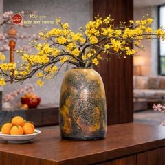 Bình Hoa Dáng Chuông Men Vàng Hổ Phách Đắp Nổi Cây Cổ Thụ