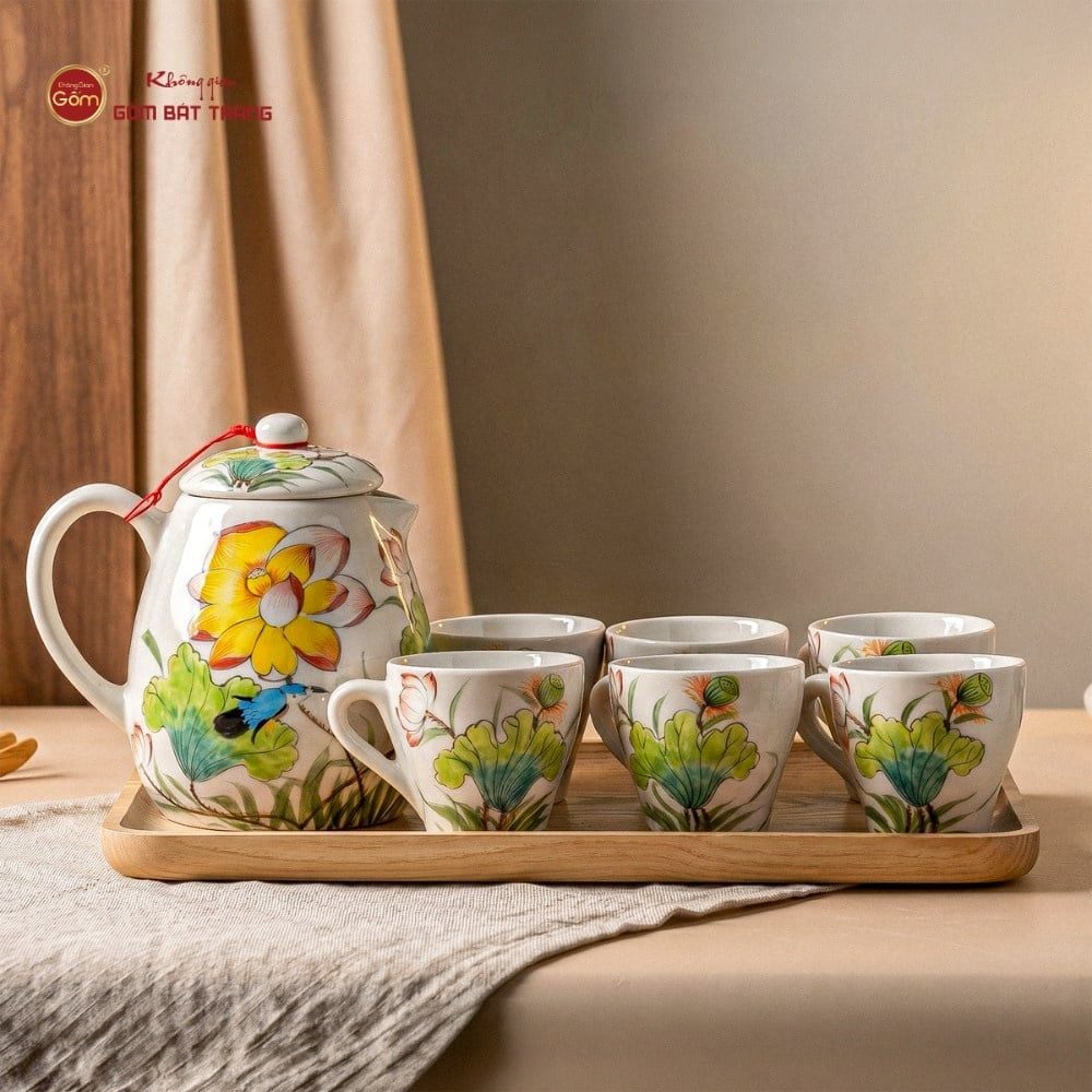 Bộ Bình Nước Dáng Bầu Vẽ Hoa Sen