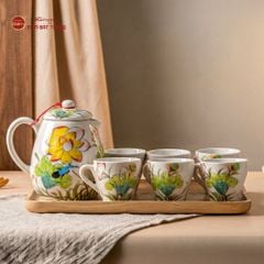 Bộ Bình Nước Dáng Bầu Vẽ Hoa Sen