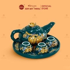 Bộ Ấm 3 Chén Thờ Men Lục Họa Tiết Cành Đào